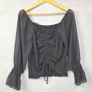 Sky‎ Plus Top Womens Large Black Offshoulder Rouched Sheer Sleeves Whimsigoth